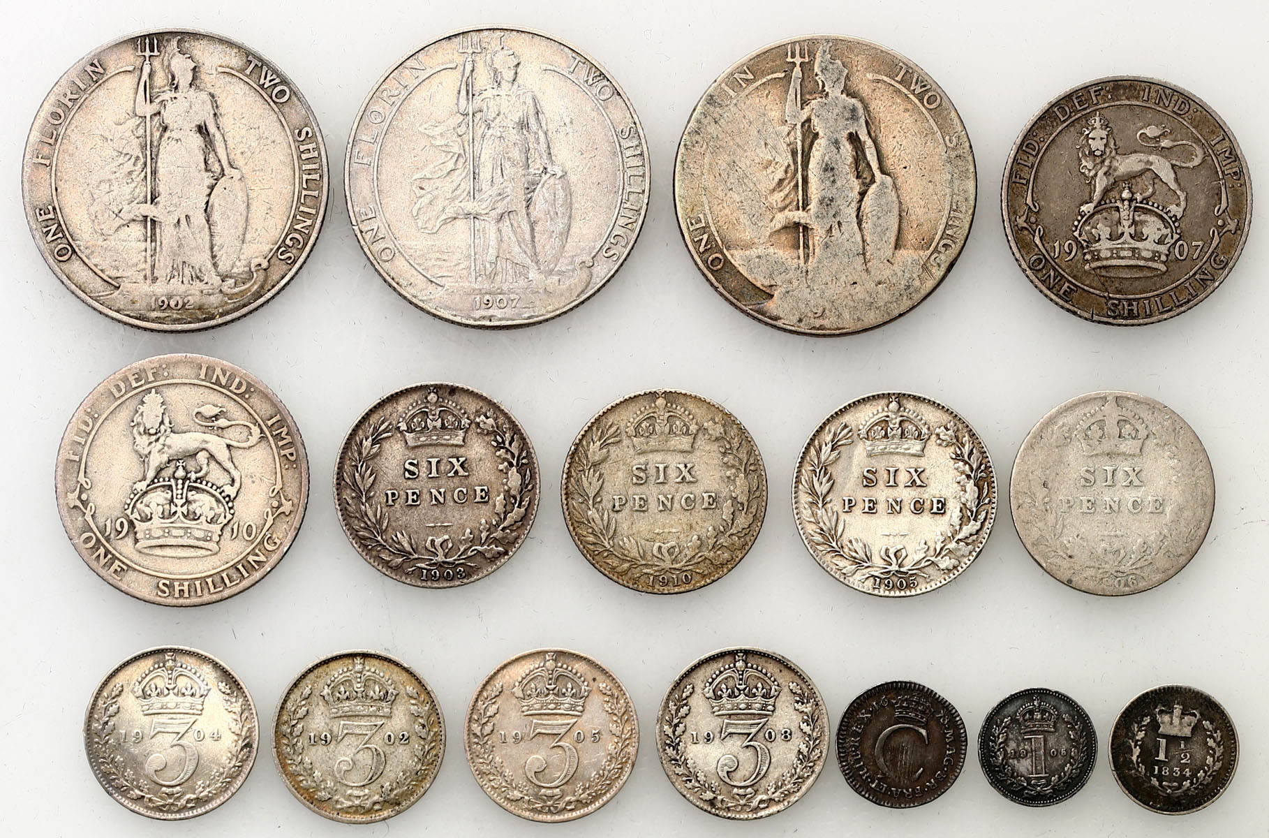 Wielka Brytania. Edward VII (1901–1910). 1 pence do 2 shillings, zestaw 16 monet